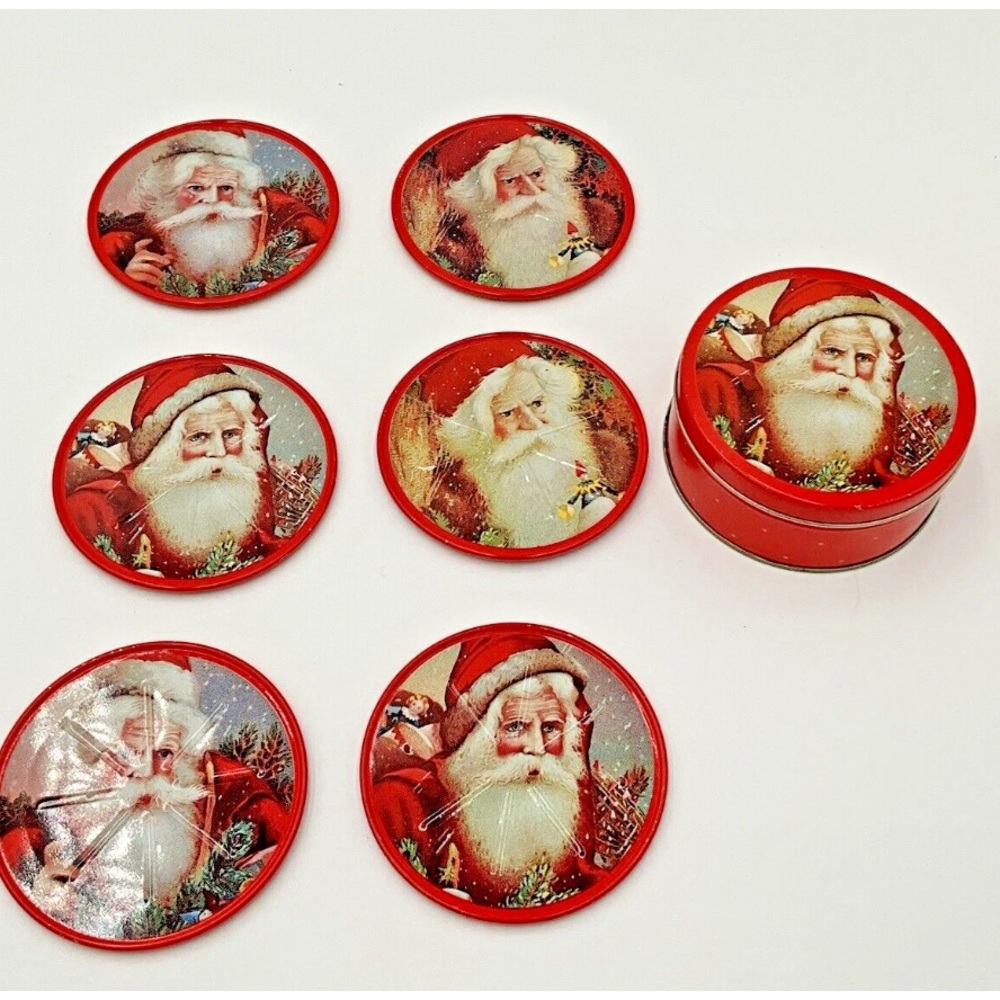 Vtg Tin Santa Claus Coasters, Christmas Lidded 5/ Container ~Holiday Round 3.5”